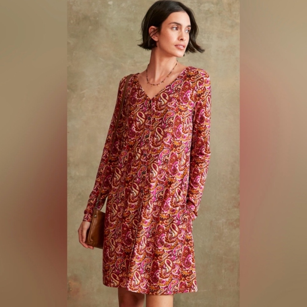 Garnet Hill Dress Sz Small Phoebe Spice Paisley Button Front Long Sleeve Pockets